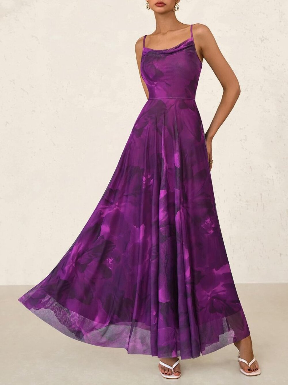 〽️Floral Purple Maxi Dress Boho Cowl Neck Spaghetti Strap Summer Vacation - Picture 2 of 6